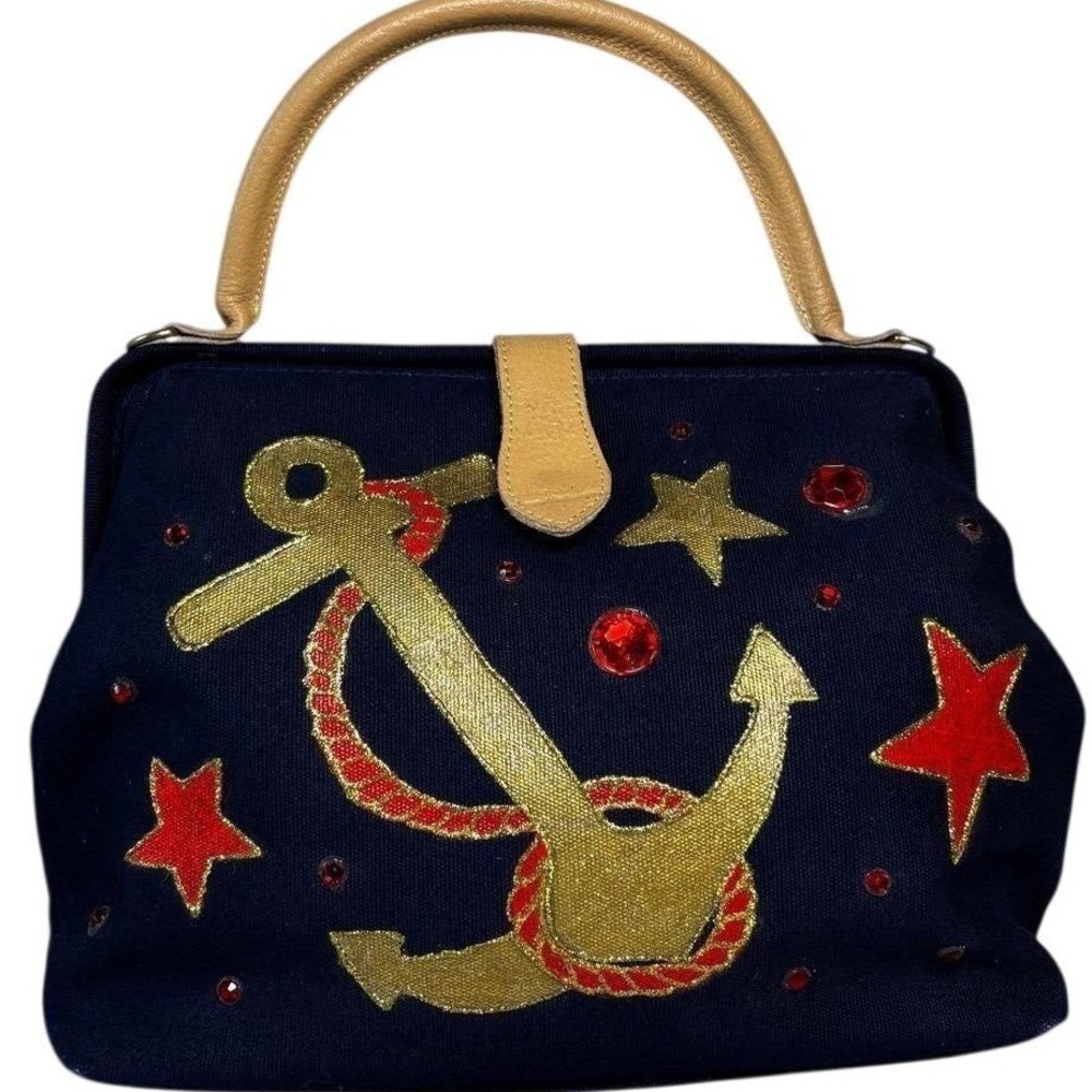 Vintage Nautical Navy Canvas Doctor Gold Anchor Red Stars Rhinestone Satchel bag